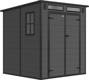 Outsunny Magazie de Grădină 2.89m² din PP și Aluminiu cu Podea, Depozit Grădină cu Uși Duble cu Încuietoare, Aerisiri, 3 Ferestre, Acoperiș Înclinat, Mănuși, Gri Închis | Aosom Romania