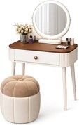 Set LUMIÈRE – Masă de Toaletă pentru Machiaj, cu Oglindă iluminată LED, Control Touch, Taburet, Alb, 60x40x77 cm