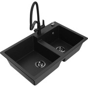 Mexen Tomas chiuvetă din granit cu 2 compartimente și baterie de bucătărie Duo, negru - 6516-77-671701-70-B