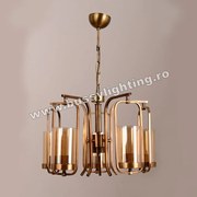 Lustra Kandil cu 5 Brate, Neo Clasic, Finisaj Bronz Antichizat, Abajur Amber - Bussy Lighting 7400-52-05
