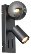 Lampă de perete modernă neagră cu 2 lumini, înclinabilă, cu port USB-C - Lesly
