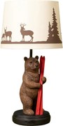 Lampă de masă din bumbac cu imprimeu, cu structură din rășină maro în formă de urs cu schiuri, finisaj patinat, 43×22 cm, „Chalet"