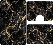Set covoare baie antiderapante, 3 piese, model marmura neagra cu accente aurii