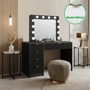 SEN22 - Set Masa toaleta cu riflaje, 120 cm, cosmetica, masuta machiaj, oglinda cu LED, cu sau fara scaun - Alb sau Negru