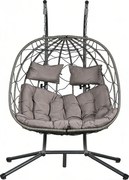Fotoliu leagan dublu suspendat în formă de ou, cos pliabil, balansoar cu perne detasabile, pentru interior, gazon, grădină, Gri