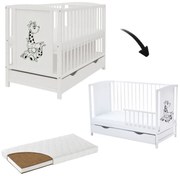 Patut din lemn masiv 120x60 cm Bria alb cu sertar si saltea cocos LUX 120x60x12 cm, include bariera, reglabil pe 3 nivele, certificat EN71