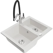Mexen Carlos chiuvetă de bucătărie din granit cu 1,5 boluri și robinet Duo, alb - 6518-20-671701-07