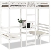 vidaXL Cadru pat etajat, birou/scaune, alb, 80x200 cm, lemn masiv pin