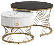 Set de 2 Măsuțe de Cafea Moderne Modulare din Marmură Sintetică cu Detalii Aurii și Sertare, Dimensiuni 70x70x45 cm și 50x50x40 cm, Negru