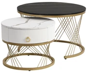 Set de 2 Măsuțe de Cafea Moderne Modulare din Marmură Sintetică cu Detalii Aurii și Sertare, Dimensiuni 70x70x45 cm și 50x50x40 cm, Negru