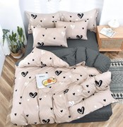 Lenjerie Pat Dublu, 4 Piese, Bumbac Satinat Superior - Crem Gri Inimioare