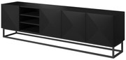 Comodă TV Asha 200 cm, cu fronturi riflate, spațiu deschis și cadru metalic – negru mat