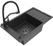 Mexen Elias chiuvetă de bucătărie din granit cu 1 cuvă, cu scurgător și baterie Duo, negru pătat - 6511-76-671701-70-B