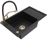 Mexen Elias chiuvetă de granit cu un compartiment, cu picurător și baterie de bucătărie Duo, Neagră - 6511-77-671701-57-G