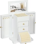 HOMCOM Cutie de bijuterii pentru femei cu 4 nivele, cutie din lemn cu aripi, oglindă și 2 sertare, 26,5x16 x33,5 cm, Alb | Aosom Romania