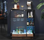 COMI34 - Comoda cu LED pentru Bar, usa Sticla, 88 cm pentru hol, living, dormitor, bucatarie, stil industrial - Negru - Maro