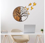 Decorațiune de perete 92x71 cm lemn/metal copac și păsări