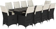 vidaXL Set bistro de grădină, 11 piese, cu perne, negru, poliratan