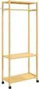 HOMCOM Cuier de Podea cu Bară și 4 Roți, Economisire Spațiu, Cuier din Bambus cu Rafturi Inferioare, pentru Dormitor, Hol, 70x35x175 cm, Lemn Natural | Aosom Romania