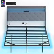 HOMCOM Cadru de pat 140 x 190 cm cu somieră din oțel, pat dublu plutitor cu lumini LED RGB și stație de încărcare, gri | Aosom Romania