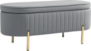 HOMCOM Bancă de Depozitare pentru Intrare Ovală 72L cu Design Scanalat, Capac Ridicabil și Șezut Capitonat, Bancă de la Capătul Patului Pouf în Catifea și Picioare de Lemn de Pin, 108x44x43.5 cm, Gri | Aosom Romania