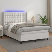 vidaXL Pat cu arcuri, saltea și LED, alb, 140x200 cm, piele eco