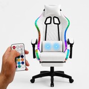 Scaun gaming, sistem iluminare bandă LED RGB, masaj în perna lombară, suport picioare, Alb