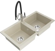 Mexen Mario chiuvetă de granit cu 2 compartimente și baterie de bucătărie Duo, bej - 6504-69-671701-07