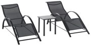 Outsunny Set 2 sezlonguri si masuta cu blat din sticla, sezlong pentru gradina din material respirabil si metal, 59x169x66 cm, negru