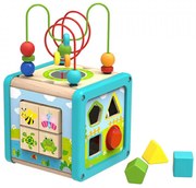Cub educativ multifunctional din lemn masiv NOVOKIDS™ Wooden EduCube, 5 in 1, Cu forme geometrice, Labirint, Motricitate si puzzle, Materiale Eco,