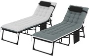 Outsunny Set de 2 șezlonguri, șezlong pliant și reglabil, pernă, tetieră, buzunar lateral, 60x190x31cm, gri | Aosom Romania