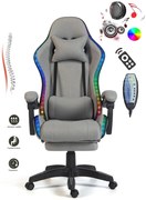 ALFORD Scaun gaming cu Masaj in 5 puncte, Perna lombara cu Masaj, Sistem iluminare banda LED RGB, Boxe Bluetooth, suport picioare, textil, Gri