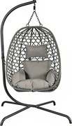 Fotoliu leagan suspendat, cu perne moi, cos pliabil, rezistente la UV, împletitură PE ratan, structură metalică, pentru interior și exterior, Gri