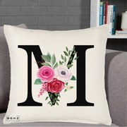 Cadou Personalizat - Perna Personalizata Monograma Florala Litera M cu Trandafiri si Anemona, 40x40 cm, Crem Reliefat, Husa Detasabila, Perna Inclusa, BEKZ®