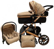 Carucior 3 in 1 cu scoica auto, transformabil, reversibil, cu roti cauciuc, 0-36 luni - CPC-37-crem