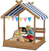 Outsunny Nisip pentru copii in forma de casa din lemn cu copertina 2 bazine chiuveta tabla 124 x 116 x 146 cm negru | Aosom Romania