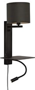 Aplica cu raft, reader LED, mufa USB si abajur textil negru Florence