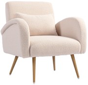 HOMCOM Fotoliu pentru Sufragerie Captusit, Fotoliu de Cameră în Material Teddy cu Pernă Lombardă, Fotoliu de Lectură cu Picioare cu Efect de Lemn din Metal pentru Sufragerie și Birou, 77x77x83 cm, Bej | Aosom Romania