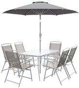 Outsunny Set de Grădină cu Masă, 6 Scaune Pliante și Umbrelă de Soare cu Manivelă, Lounge în Aer Liber din 8 Piese, 130x80x71 cm, Gri