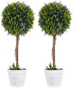 HOMCOM Set 2 Plante Artificiale Sferice cu Flori de Lavandă şi Vas, Ø24x60 cm, Verde | Aosom Romania