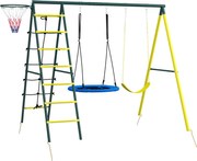 Outsunny Leagăn pentru copii 4 în 1 cu Leagăn tip Cuib și individual Plasă de cățărat Coș de baschet Scară Galben | Aosom Romania