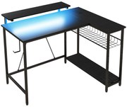 HOMCOM Birou de Gaming în Formă de L cu Lumini LED, Birou de Colț Reversibil cu Rafturi de Depozitare, 107x80x90 cm, Negru | Aosom Romania