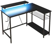 HOMCOM Birou de Gaming în Formă de L cu Lumini LED, Birou de Colț Reversibil cu Rafturi de Depozitare, 107x80x90 cm, Negru | Aosom Romania