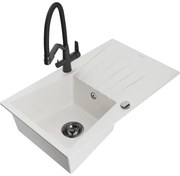 Mexen Cesar chiuvetă de granit cu un compartiment, cu picurător și baterie de bucătărie Duo, Albă - 6514-20-671701-70-B