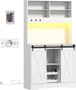 HOMCOM Servantă de Bucătărie Rustică 180 cm, Dulap cu Priză de Alimentare, Lumini LED, Suport pentru Sticle, Suprafață pentru Cuptor cu Microunde, Rafturi Deschise, Uși Glisante, Orificiu pentru Cabluri, Alb | Aosom Romania