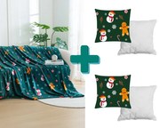 Set cadou pentru camera de zi SNOWMAN AND GINGERBREAD, patura si perne, verde