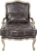 Fotoliu clasic maro din piele ecologică cu aspect vintage, în stil Louis XV, cu cadru sculptat din lemn de cauciuc, 70×66×94 cm, „Lavigne”