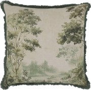 Față de pernă natur din țesătură fină, cu imprimeu peisaj verde și franjuri, 50x50 cm, „Aix"