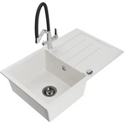Mexen Bruno chiuvetă de granit cu un compartiment, cu picurător și baterie de bucătărie Duo, Albă - 6513-20-671701-07-B