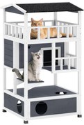 PawHut Casa pentru pisici din lemn, rezistentă la iarnă și impermeabilă, cu acoperiș, peșteră pentru pisici, vilă pentru pisici cu patru etaje, terasă și scară pentru exterior, grădină, balcon, 75,5 x 75 x 137 cm, Gri | Aosom Romania